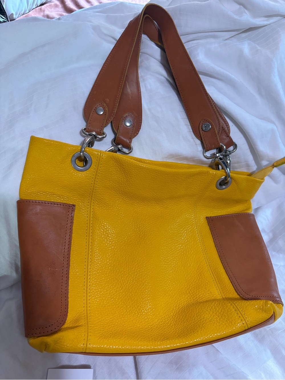 Yellow Leather Tote with Brown Trim - Women's Shoulder Bag
